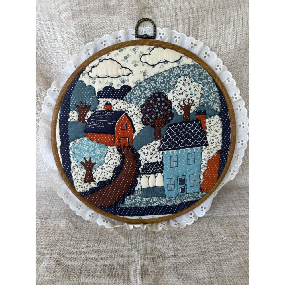 Hand Quilted Wall Art 10in Blue Excellent Folk Art Village Hoop Cottagecore